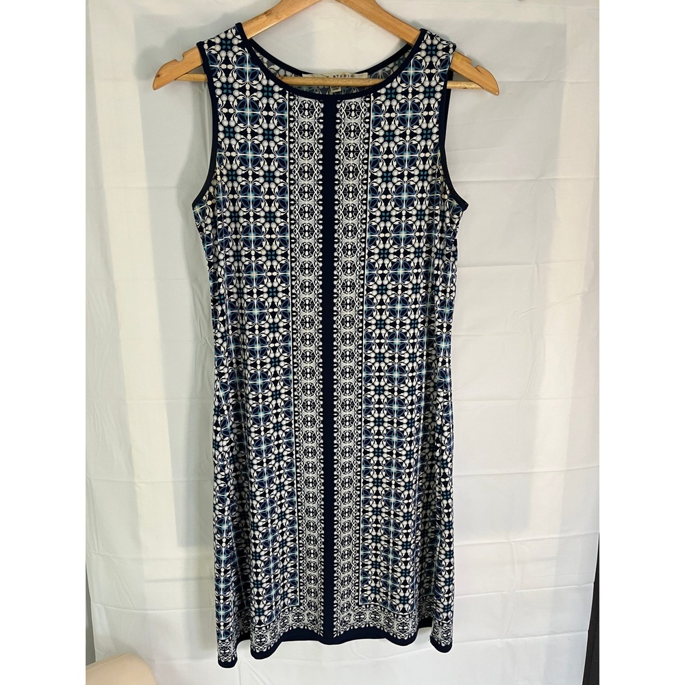 Max Studio Navy Blue White Geometric Tile Print Sleeveless Shift Dress Small